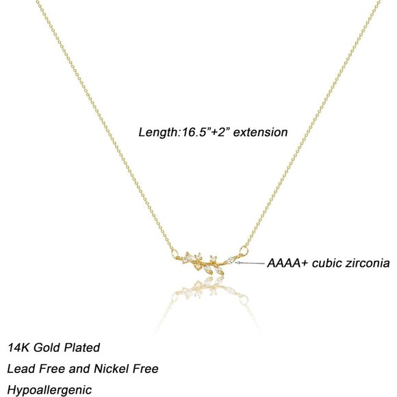 ⚡olive branch leaf pendant 14k Gold Plated CZ Pendant Necklace Gold for Women - Picture 5 of 7